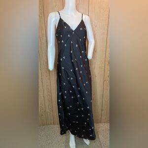 A New Day Black /Bows Silky Slip Midi Dress V Neck Size SM New with Tags